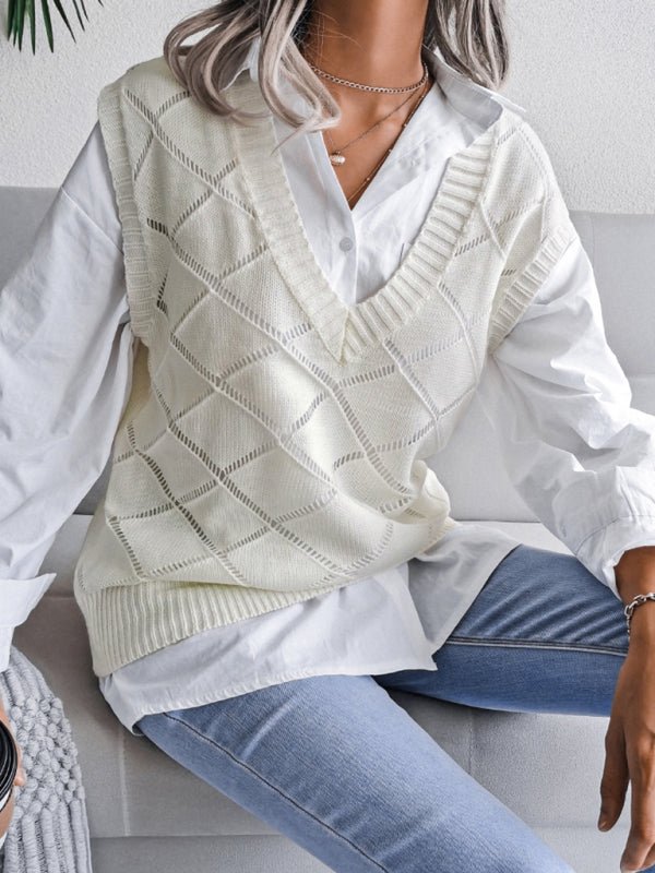 Elena® | Women'S V-Neck Hollow Diamond Casual Knitted Vest Sweater