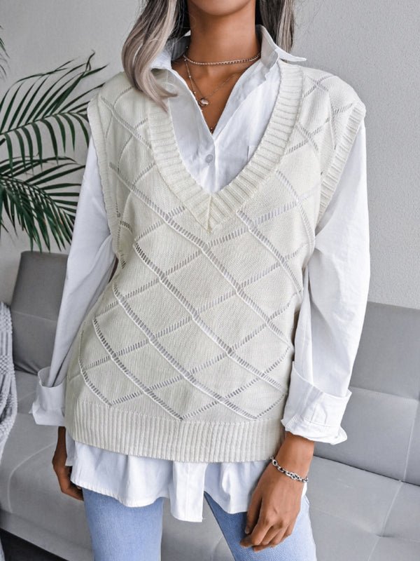 Elena® | Women'S V-Neck Hollow Diamond Casual Knitted Vest Sweater