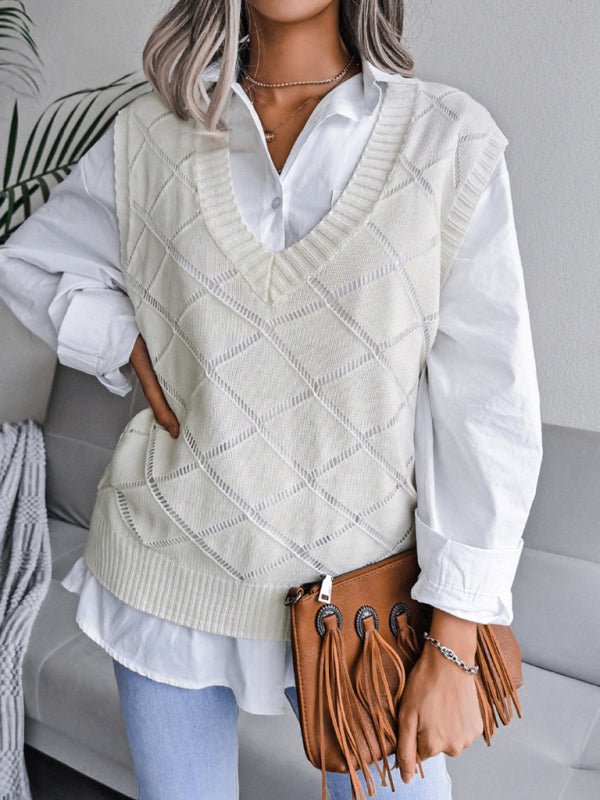 Elena® | Women'S V-Neck Hollow Diamond Casual Knitted Vest Sweater