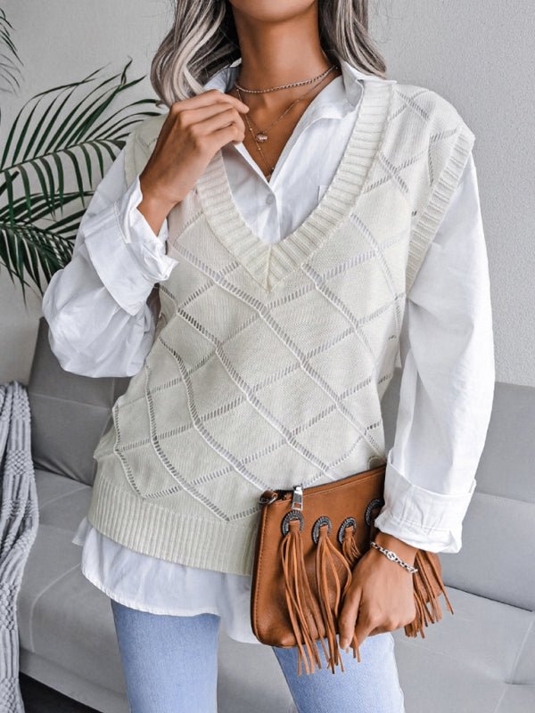Elena® | Women'S V-Neck Hollow Diamond Casual Knitted Vest Sweater