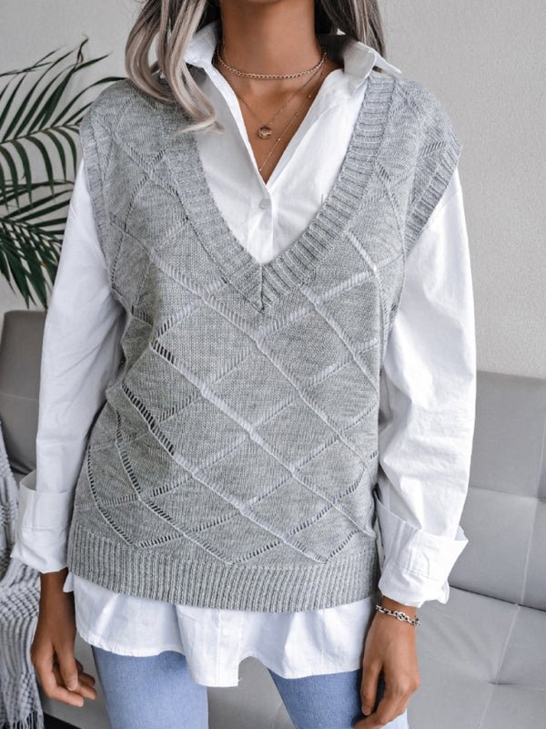 Elena® | Women'S V-Neck Hollow Diamond Casual Knitted Vest Sweater