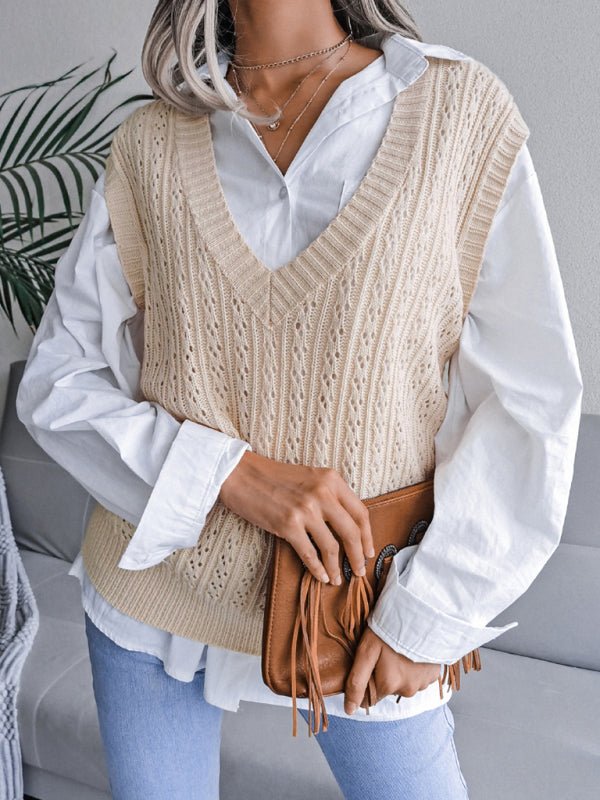 Doris® | Women'S V-Neck Hollow-Out Fried Dough Casual Knitted Vest Sweater