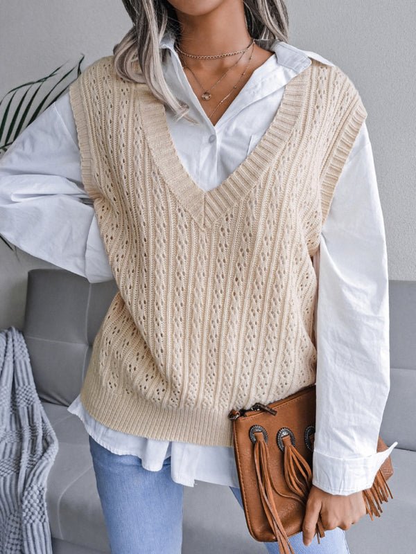 Doris® | Women'S V-Neck Hollow-Out Fried Dough Casual Knitted Vest Sweater