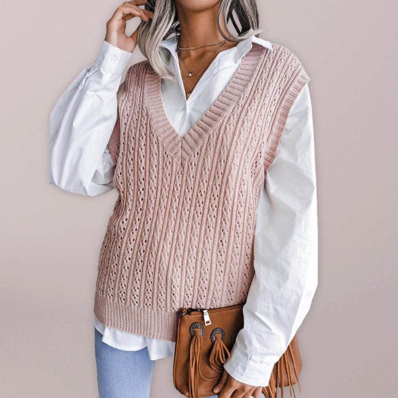 Doris® | Women'S V-Neck Hollow-Out Fried Dough Casual Knitted Vest Sweater