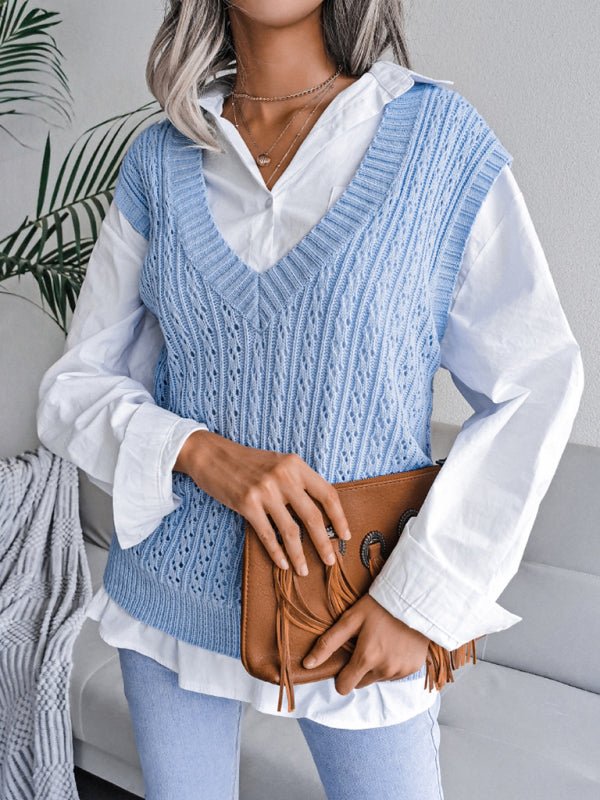 Doris® | Women'S V-Neck Hollow-Out Fried Dough Casual Knitted Vest Sweater