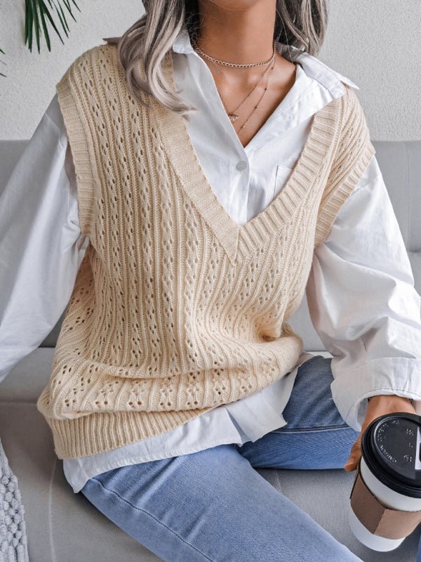 Doris® | Women'S V-Neck Hollow-Out Fried Dough Casual Knitted Vest Sweater