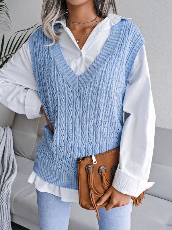 Doris® | Women'S V-Neck Hollow-Out Fried Dough Casual Knitted Vest Sweater