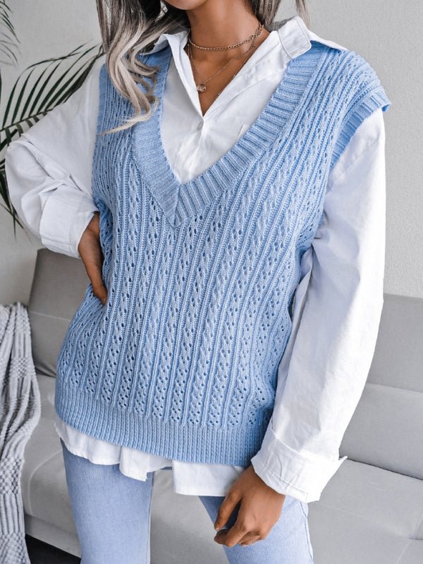 Doris® | Women'S V-Neck Hollow-Out Fried Dough Casual Knitted Vest Sweater