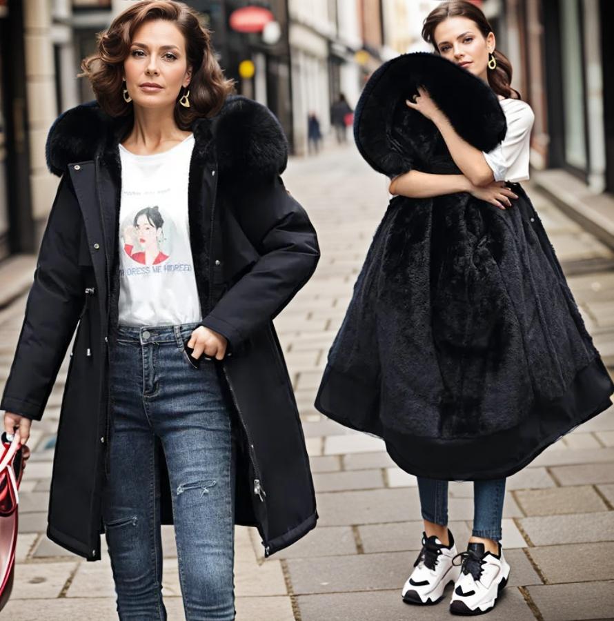 Women’s Quilted Coat – Water-Resistant – Faux Fur Hood – Relaxed Fit – Knee-Length